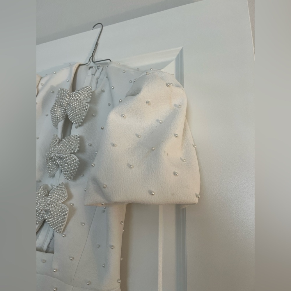 Rebecca Vallance White bow Mini Dress Puff Sleeves pearls bride size 2, 4 stains - Picture 13 of 16